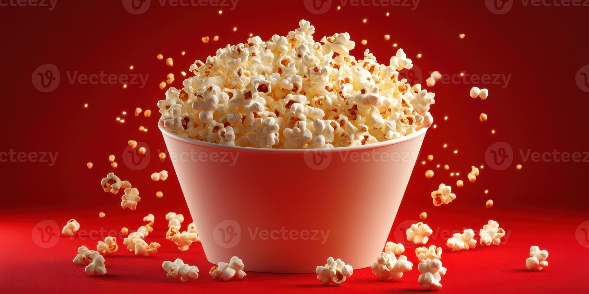 Popcorn spills from a white bowl against a vibrant red background, creating a fun and playful atmosphere for snacks photo
