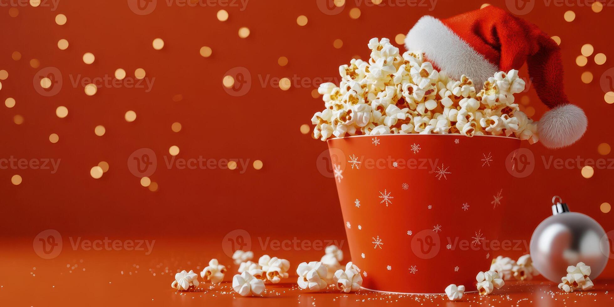 Festive popcorn bucket with Santa hat on a vibrant background during the holiday season photo