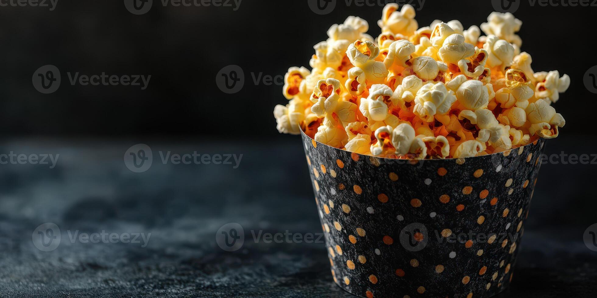 Freshly popped popcorn in a black and orange dotted cup ready for movie night at home photo