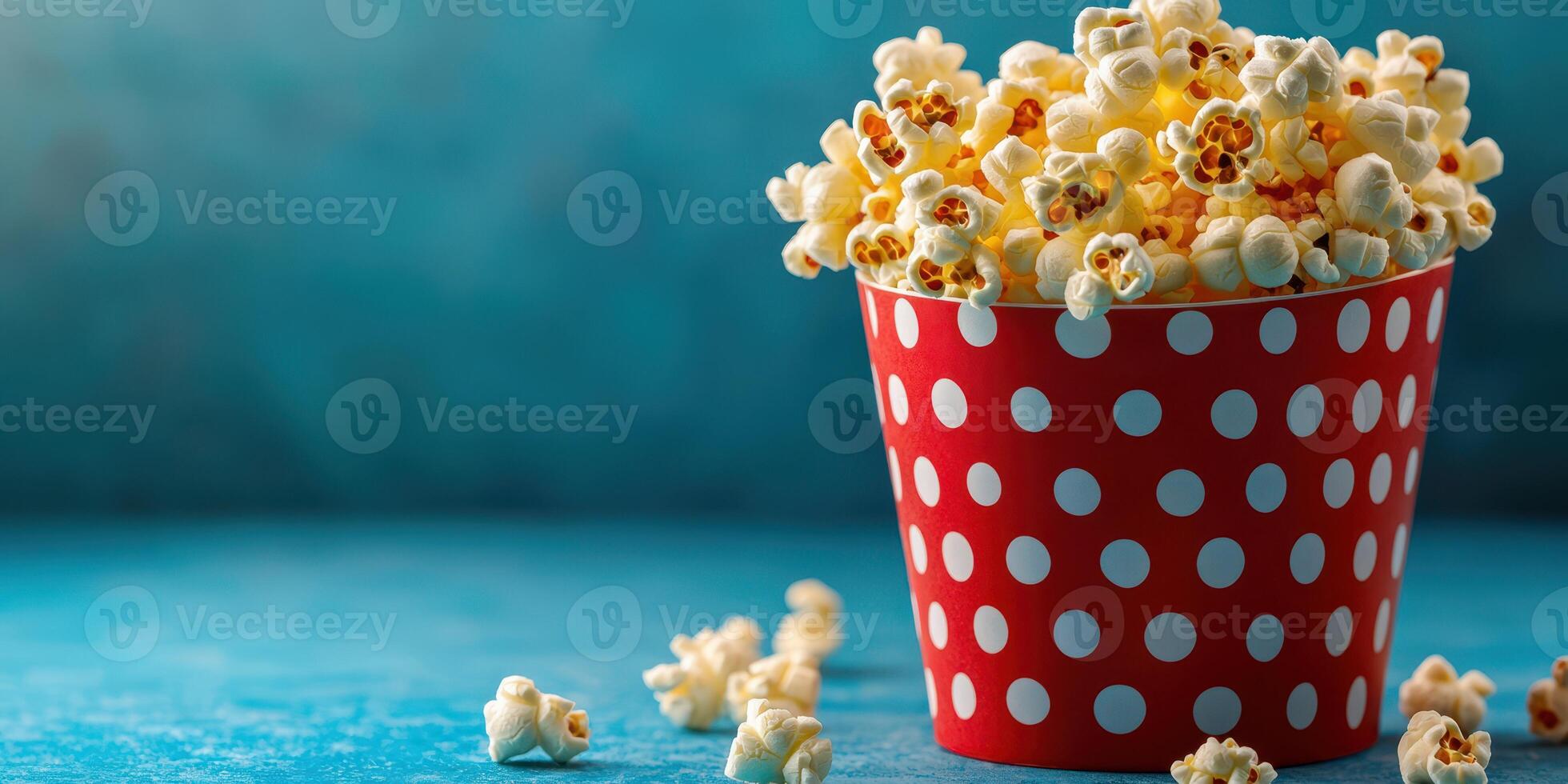 Freshly popped popcorn in a red polka dot container on a blue background ready for a movie night photo