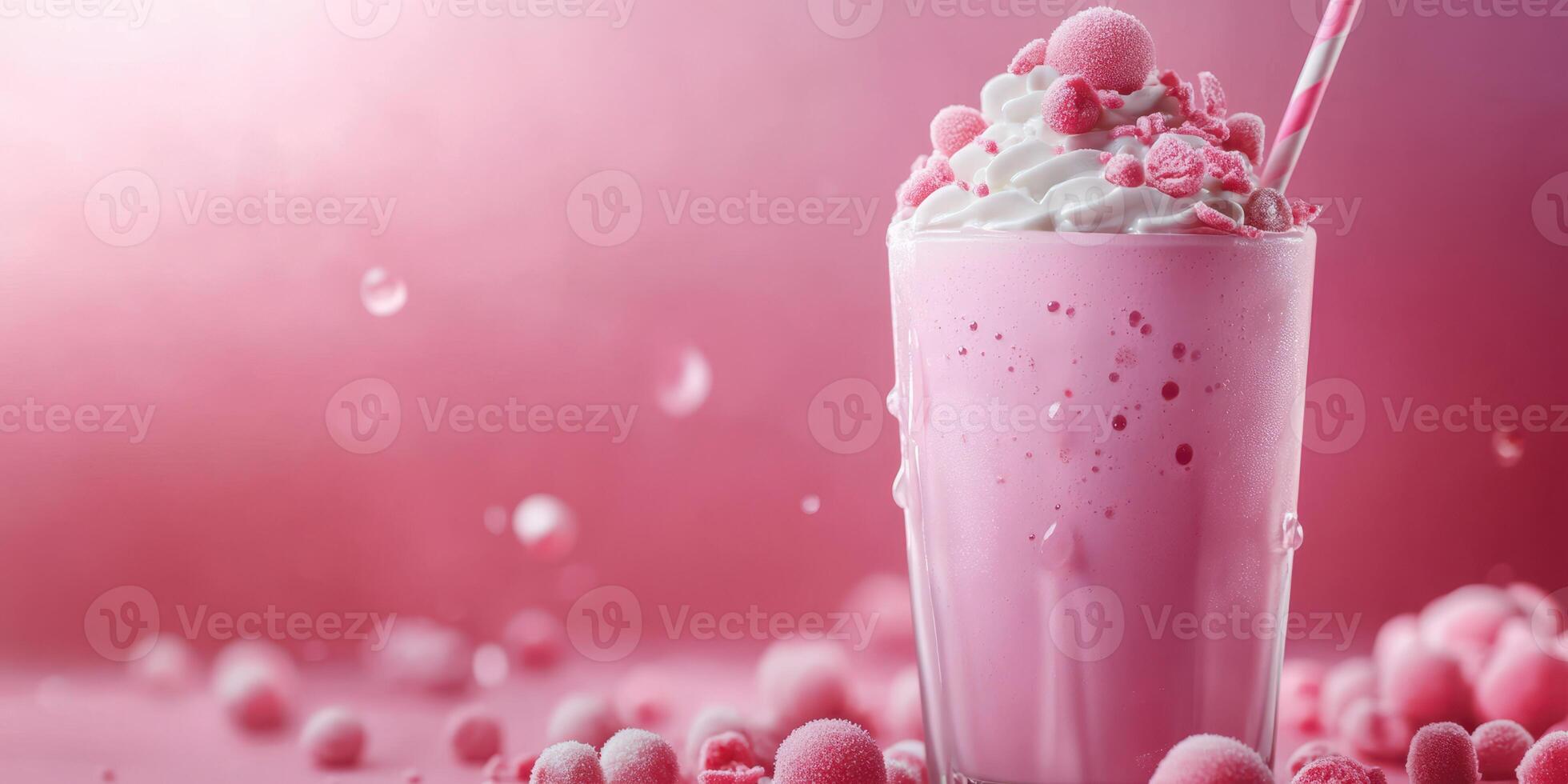 Refreshing pink raspberry milkshake topped with whipped cream and candy on a vibrant background photo