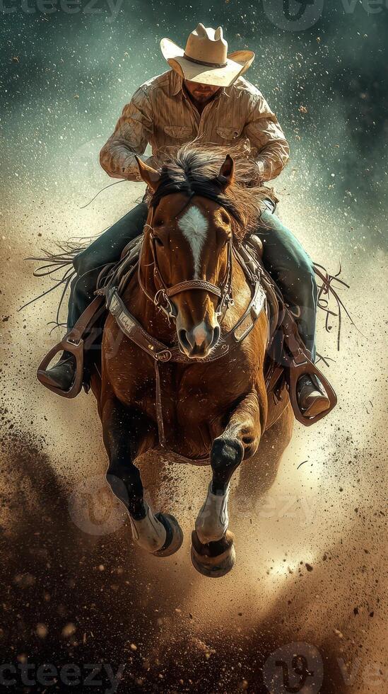 Horse and rider gallop through dust at sunset during an exciting equestrian event in an open field photo