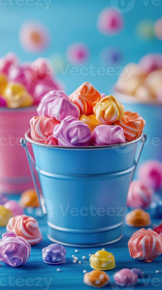 Colorful meringue candies in buckets on a bright blue background creating a festive atmosphere in a dessert display photo
