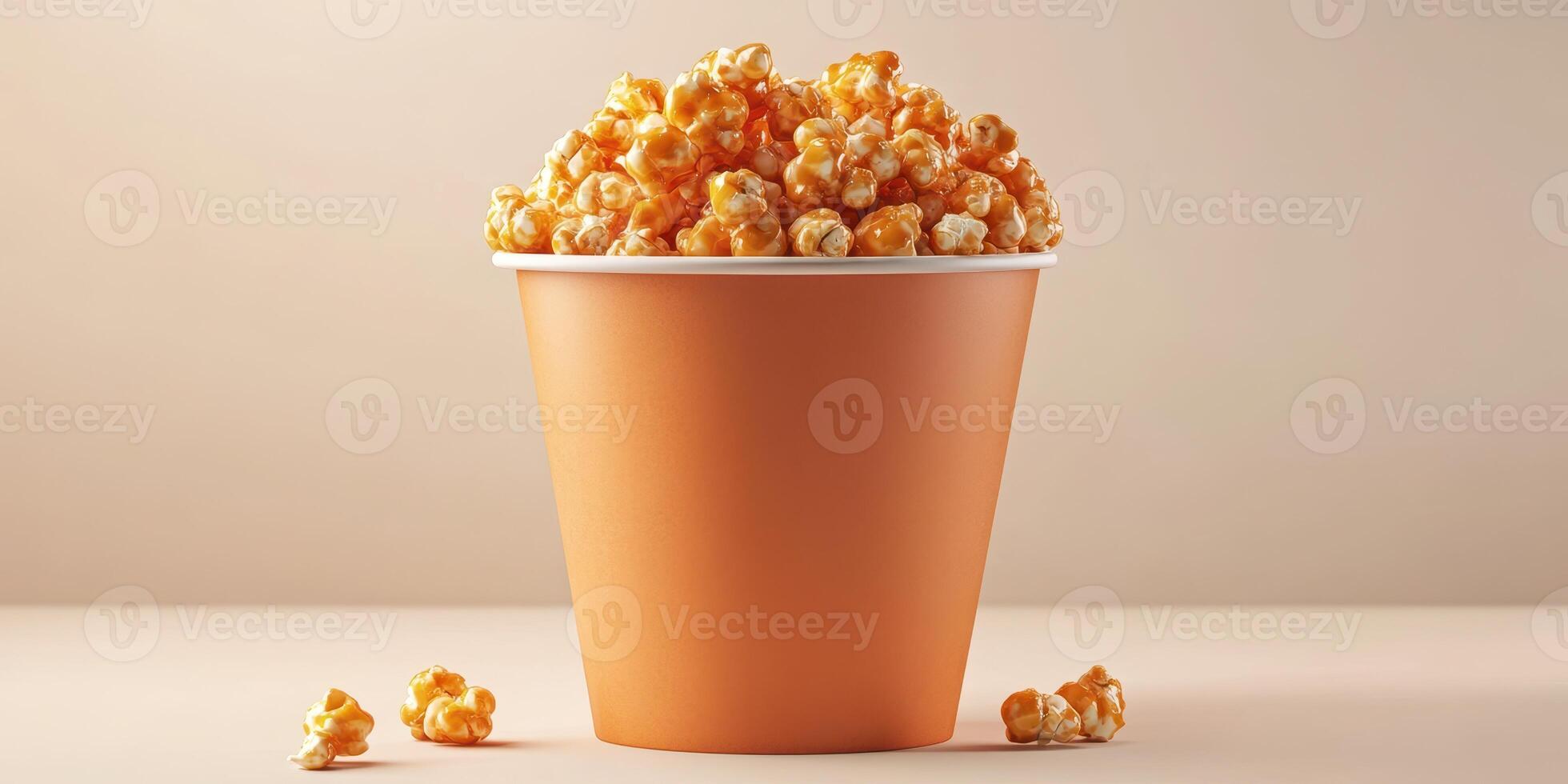 Freshly popped caramel popcorn in a large cup on a beige background ready for enjoyment during movie night photo