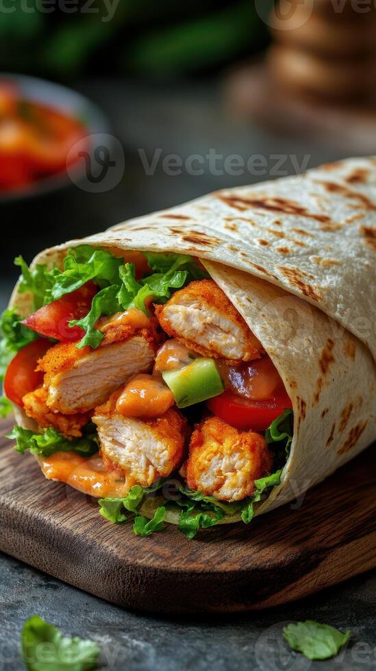 Freshly made chicken wrap filled with vegetables and creamy sauce served on a wooden board in a cozy kitchen setting photo