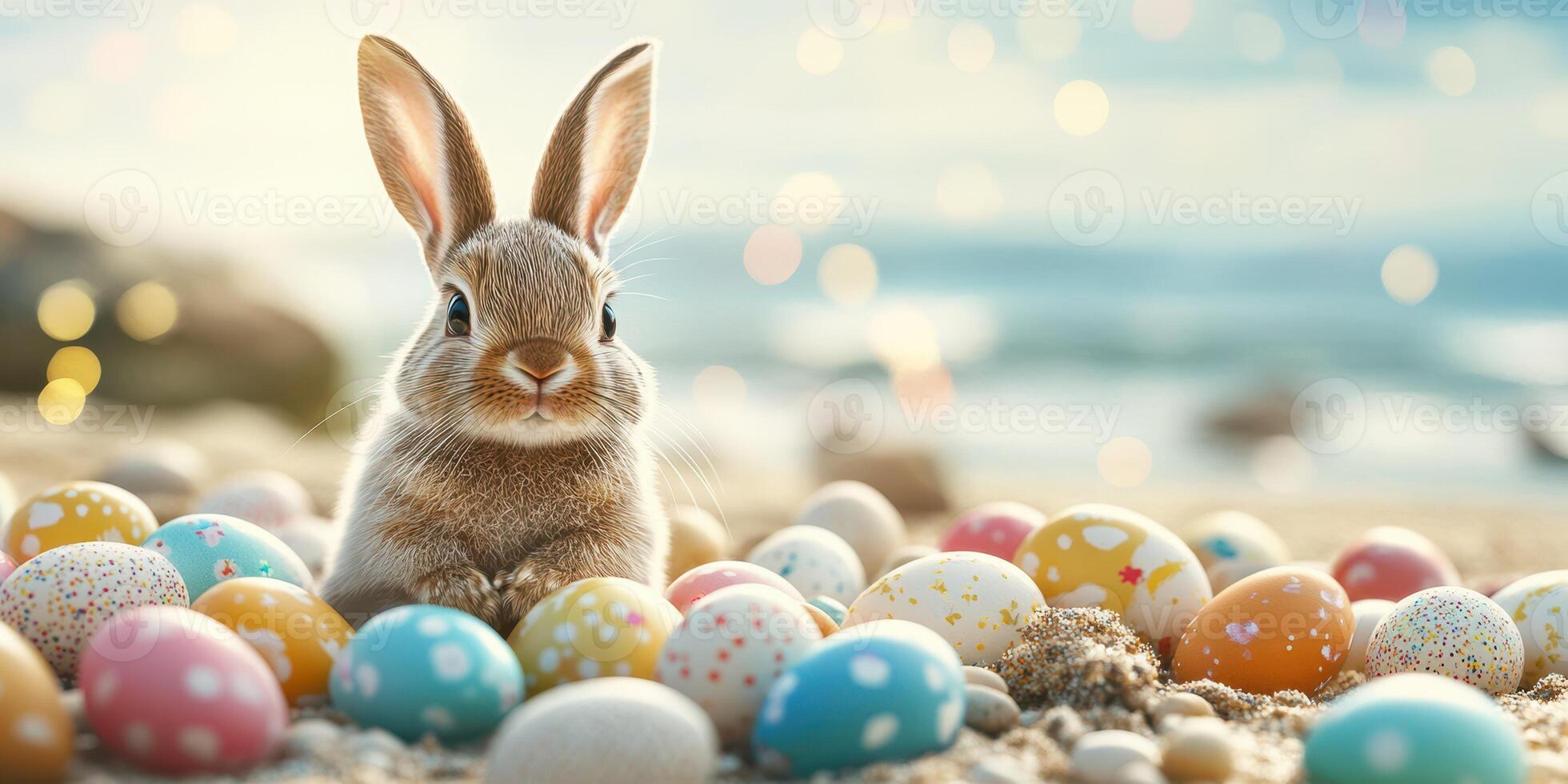 Cute rabbit surrounded by colorful Easter eggs on a sandy beach during a sunny day photo