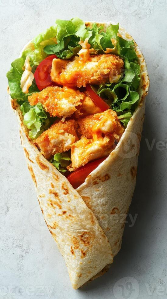 Delicious crispy chicken wrap with fresh vegetables and creamy sauce served in a soft tortilla photo
