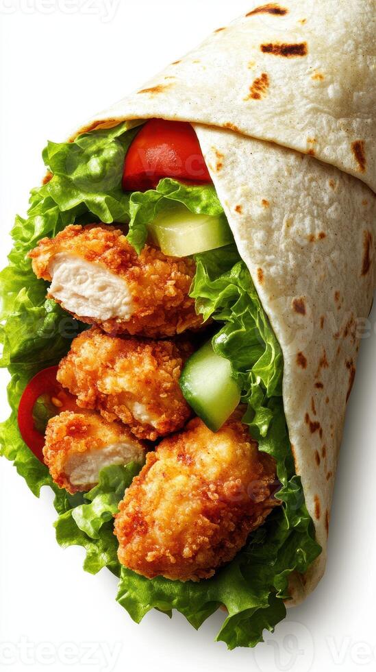 Crispy chicken wrap filled with fresh vegetables served on a white background photo