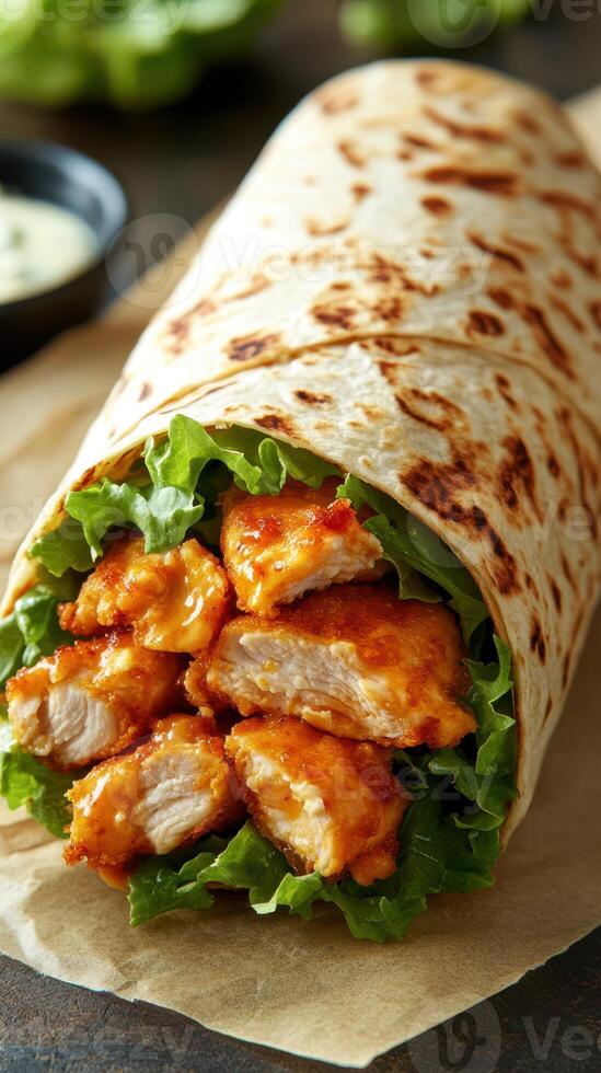 Delicious chicken wrap filled with crispy bites and fresh lettuce on a rustic table photo