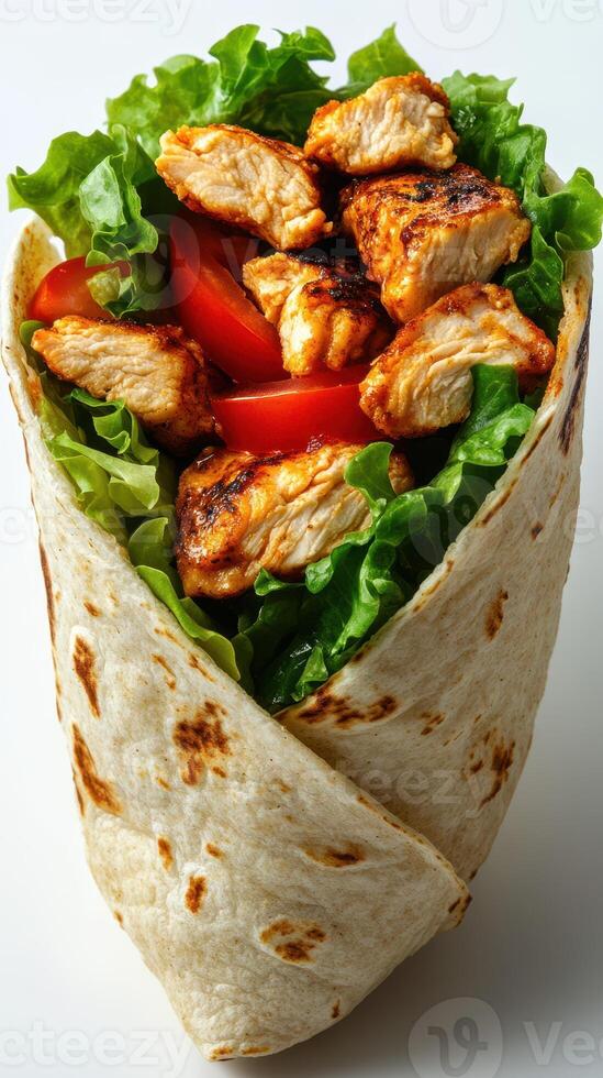 Grilled chicken wrap with fresh vegetables served on a white background photo