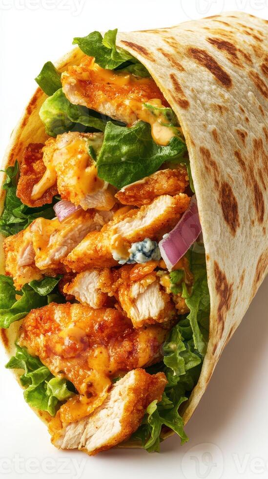 Delicious wrap filled with crispy chicken, fresh lettuce, and savory cheese on a clean background photo