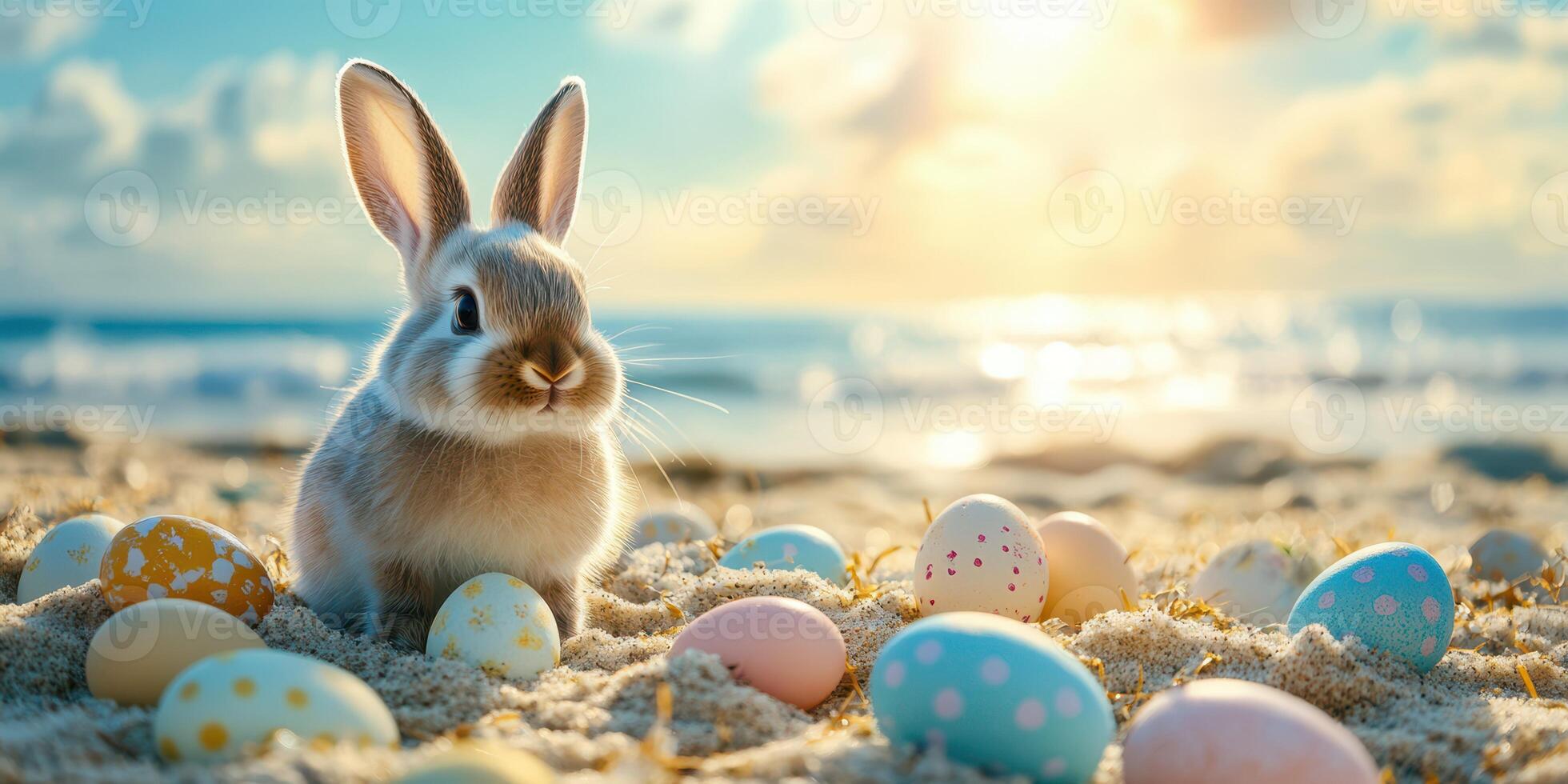 Cute rabbit sits among colorful Easter eggs on a sunny beach at sunset photo
