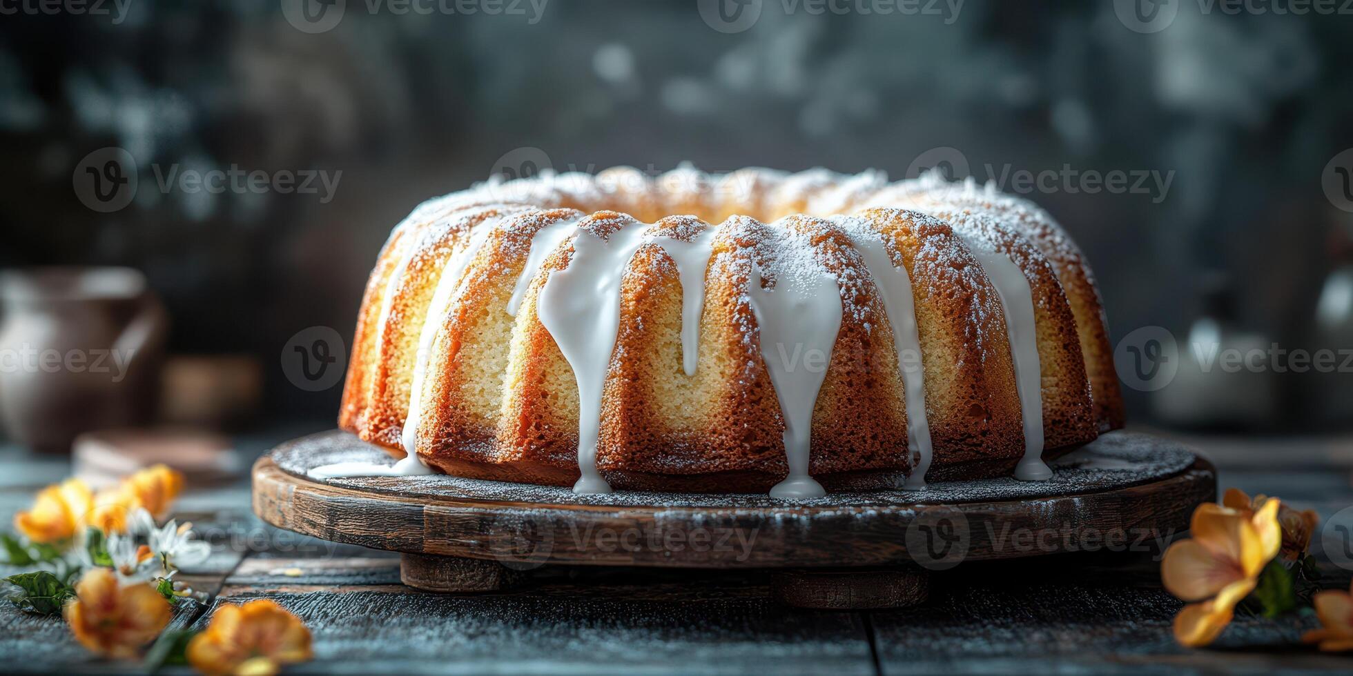 Delicious bundt cake topped with icing and adorned with flowers on a rustic wooden table in a cozy kitchen setting photo