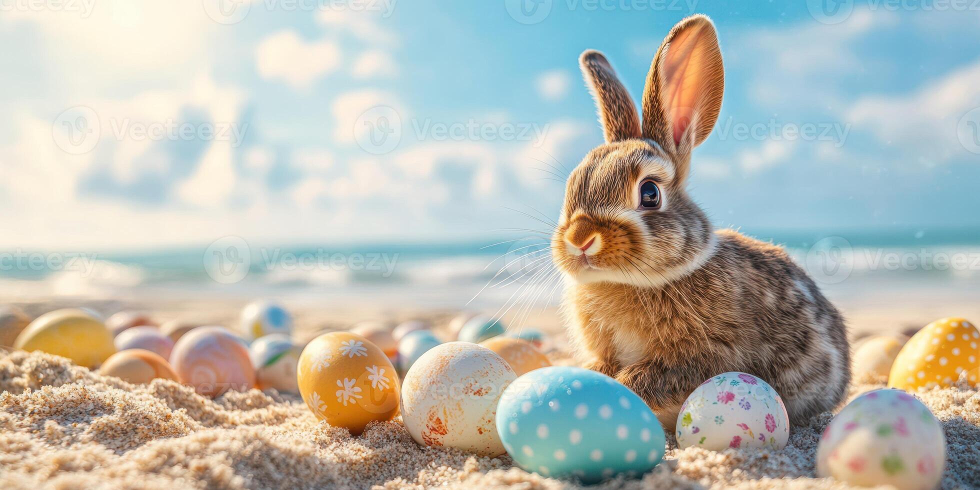 Cute rabbit surrounded by colorful Easter eggs on a sunny beach during spring photo