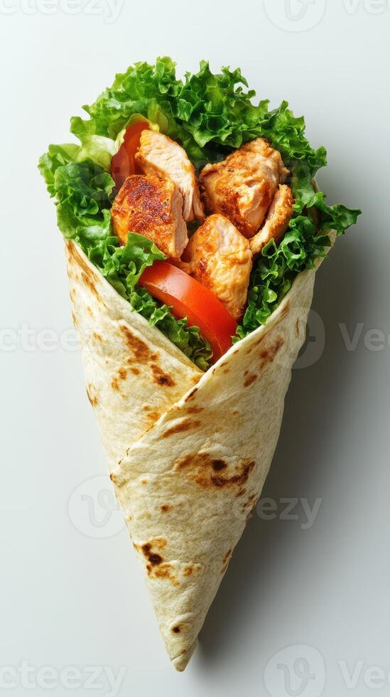 Delicious grilled chicken wrap with fresh vegetables in a soft tortilla photo