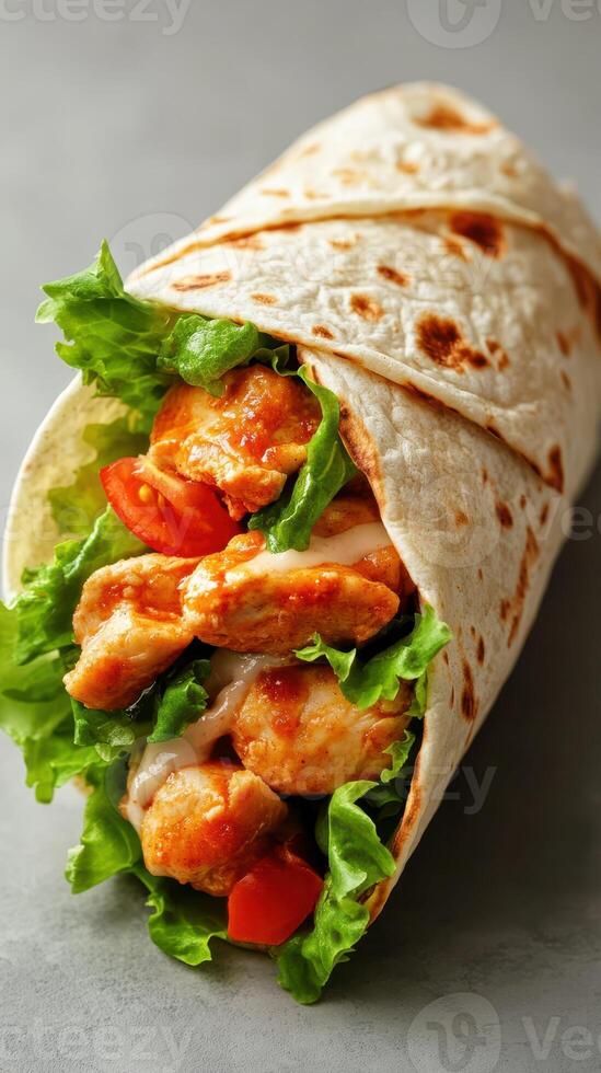 Freshly wrapped tortilla filled with grilled chicken, lettuce, and tomatoes for a tasty lunch option photo