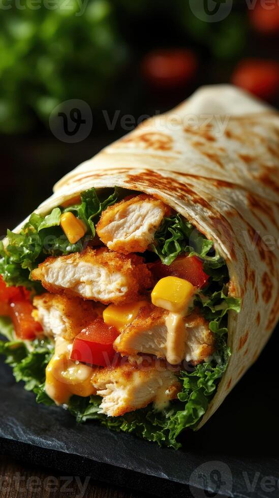 Delicious chicken wrap filled with fresh vegetables and savory sauce at a rustic restaurant photo