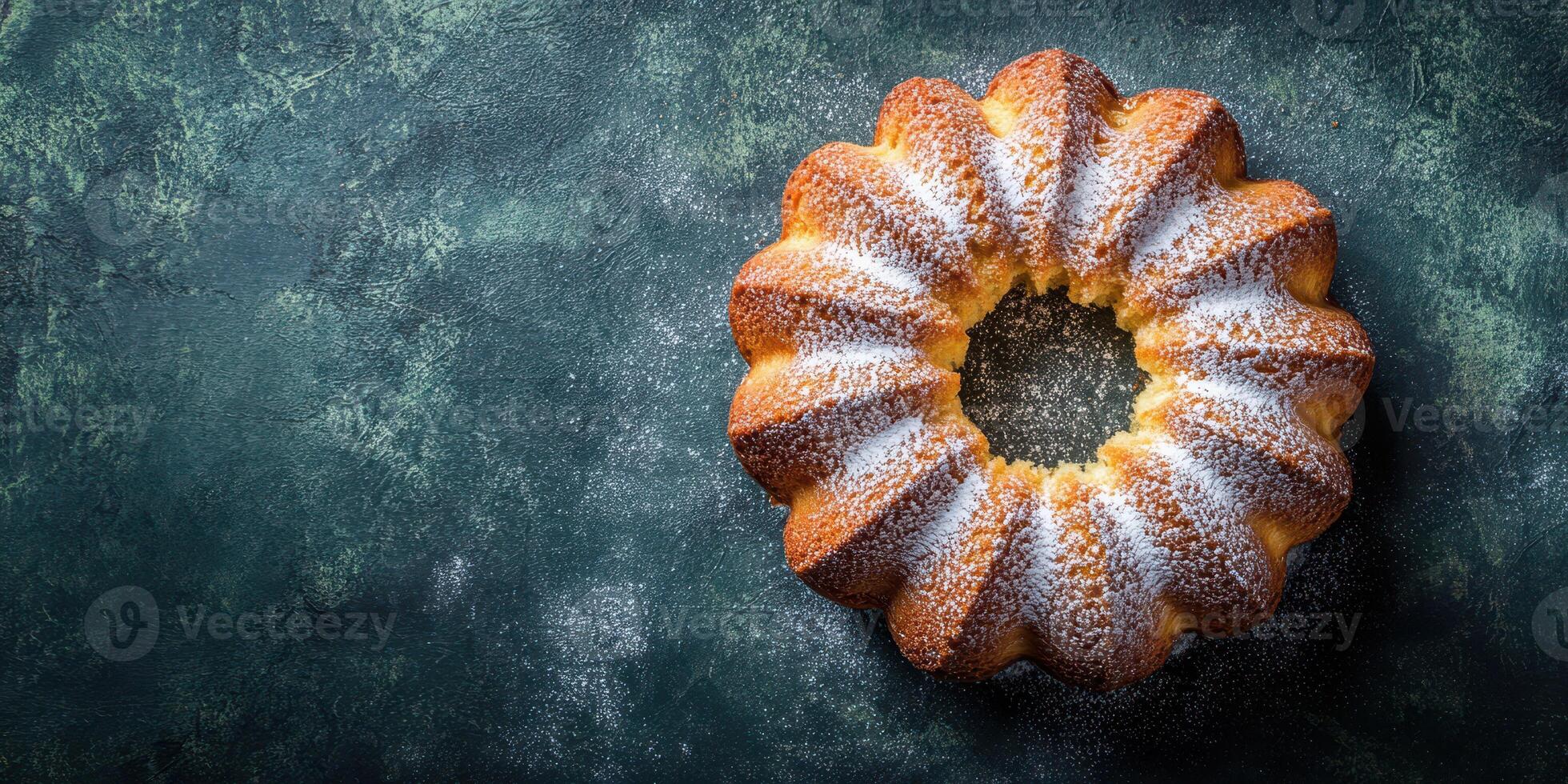 Delicious bundt cake dusted with powdered sugar, showcasing a perfect baked texture and inviting shape photo