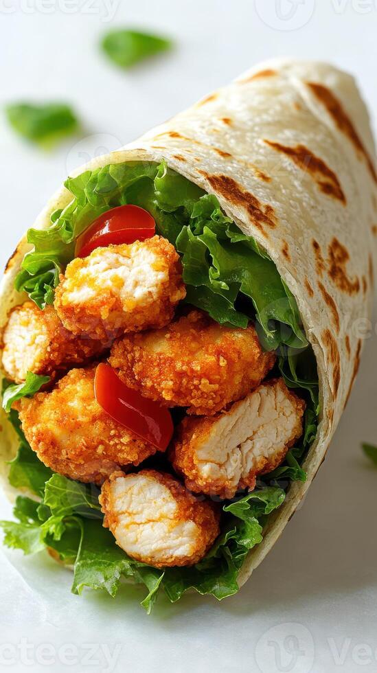 Crispy chicken wrap filled with fresh lettuce and tomato served on a warm flatbread photo