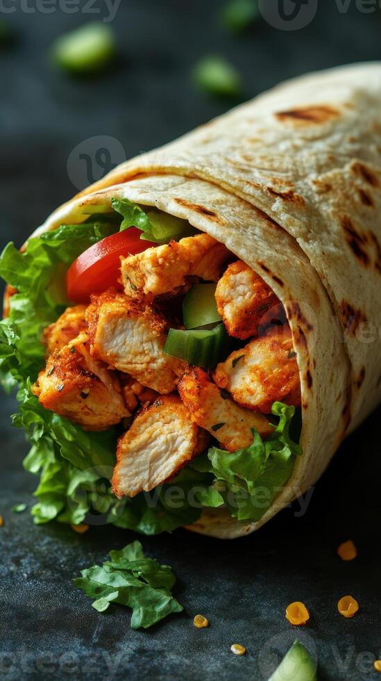 Deliciously wrapped grilled chicken and fresh vegetables in a flatbread with vibrant greens, prepared for a satisfying meal photo