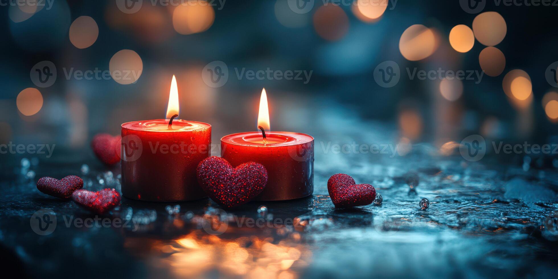 Romantic setting with glowing candles and decorative hearts on a dark surface photo