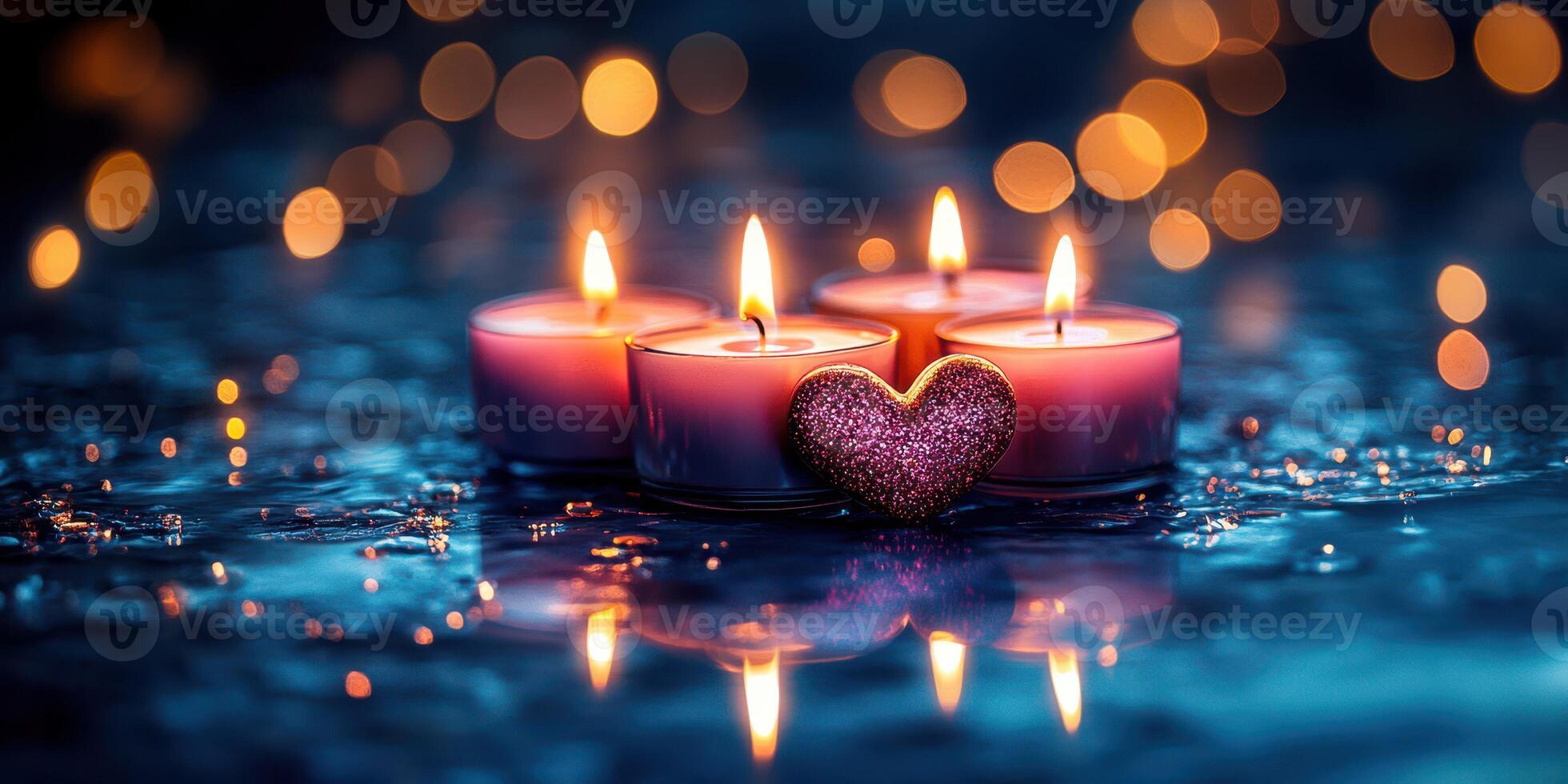 Candles and heart-shaped decoration create a romantic atmosphere with soft lighting and reflections during an evening setting photo