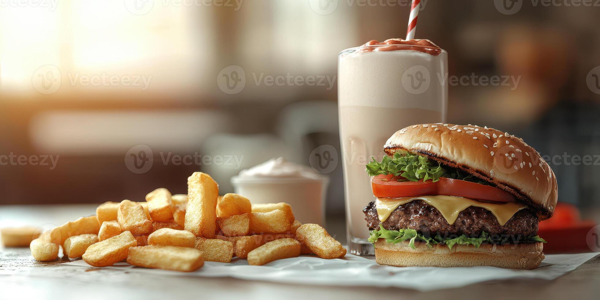 Delicious burger with fries and milkshake served in a cozy diner setting photo