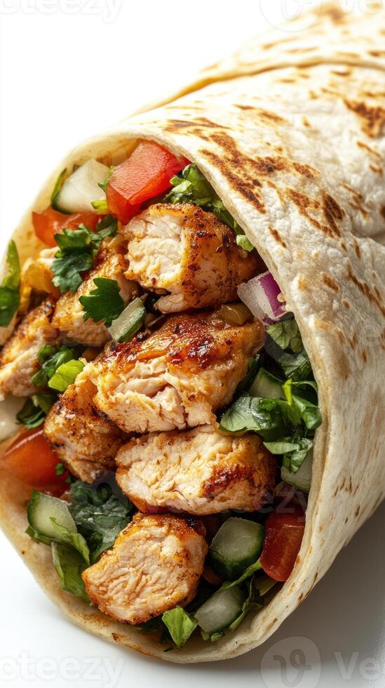 Delicious grilled chicken wrap with fresh vegetables and herbs, perfect for a light meal or snack photo