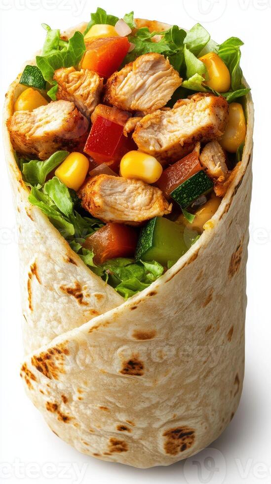 Delicious grilled chicken burrito filled with fresh vegetables and vibrant colors ready to be enjoyed photo