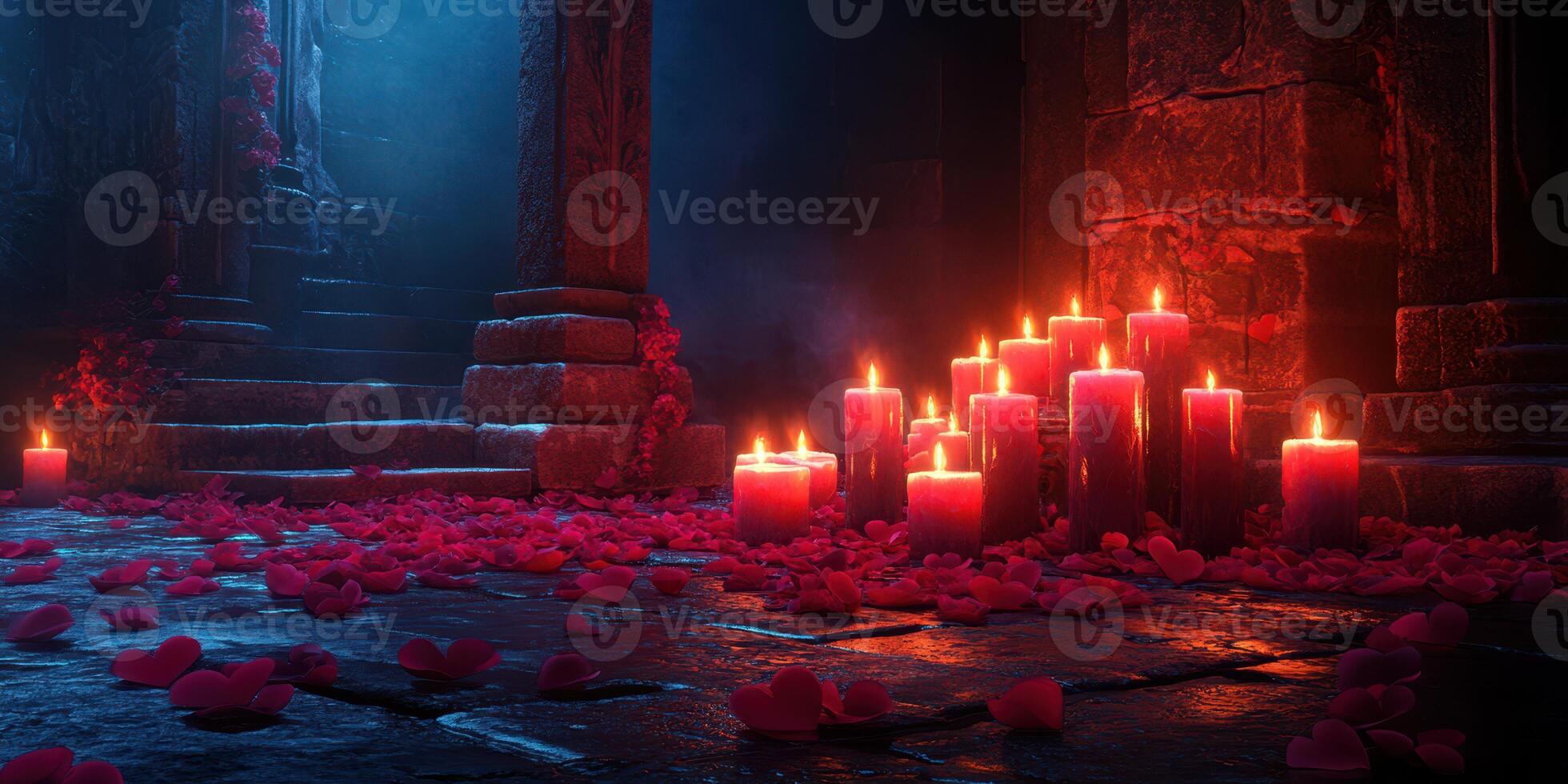 Candlelit atmosphere in an ancient stone temple surrounded by rose petals late at night photo