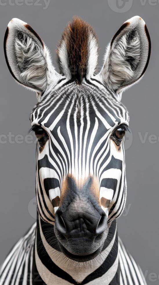 Majestic zebra showing off its striking black and white stripes against a grey backdrop in a close-up portrait photo