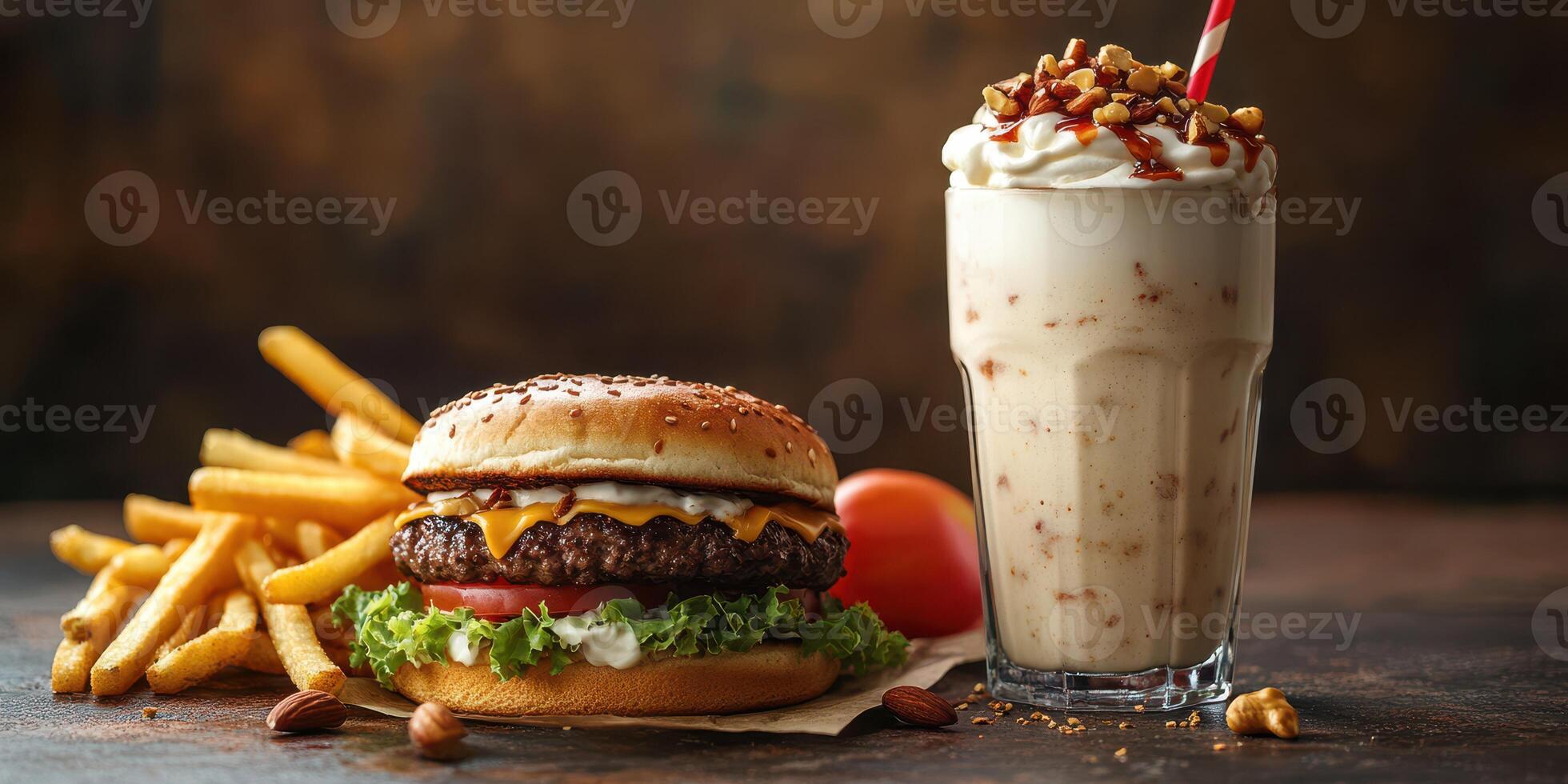 Delicious burger with fries and a creamy milkshake served on a rustic table photo