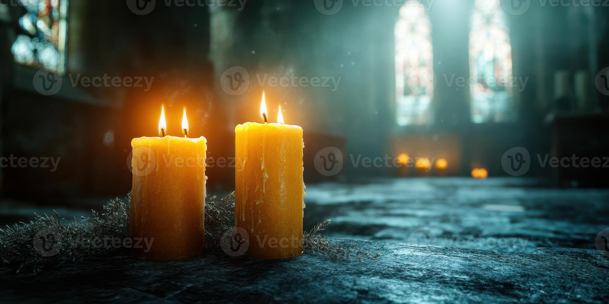 Soft candlelight illuminates an ancient stone chapel with stained glass windows during twilight hours photo