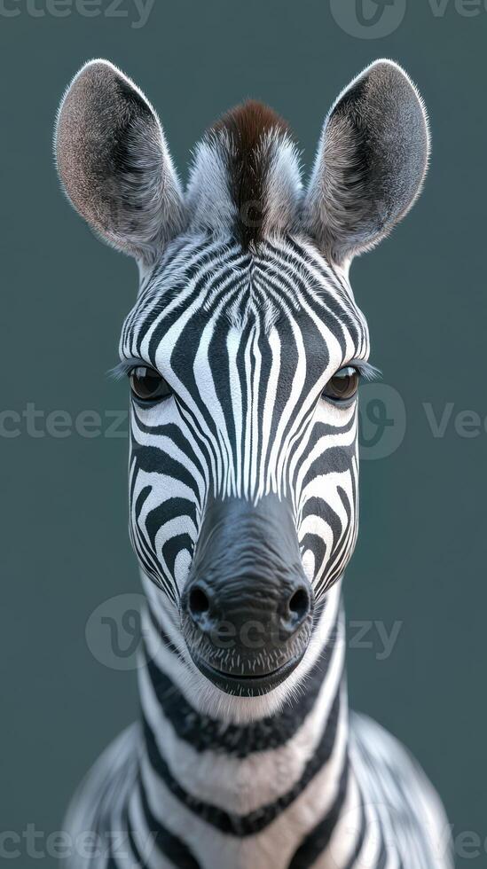 Striking close-up of a zebra with distinct black and white stripes showcasing its expressive eyes in a neutral background photo
