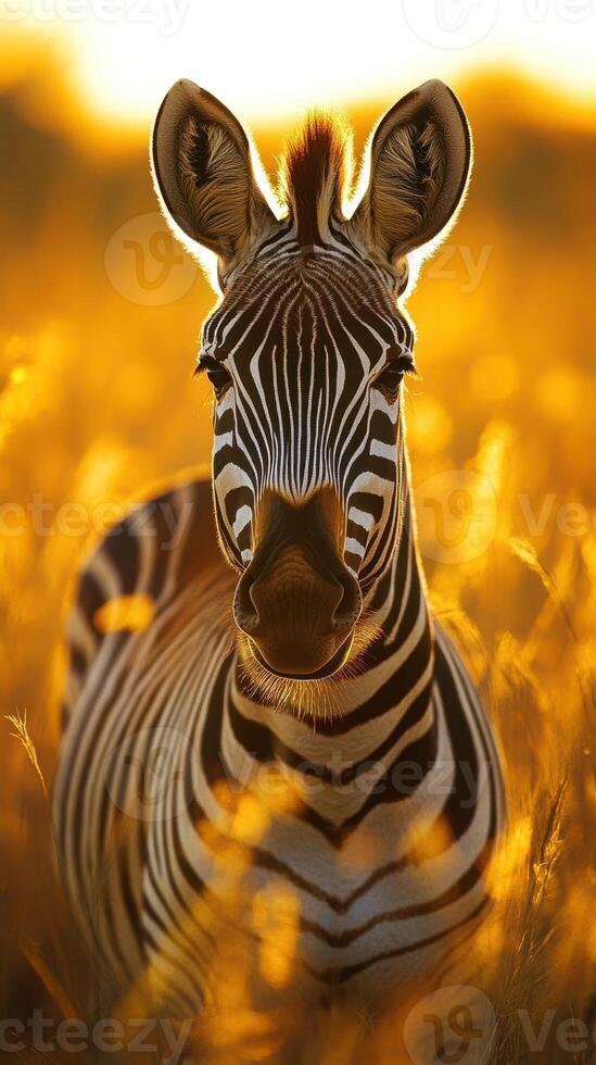 Striking zebra stands in golden grass during sunset in the savanna, its vibrant stripes illuminated by warm sunlight photo
