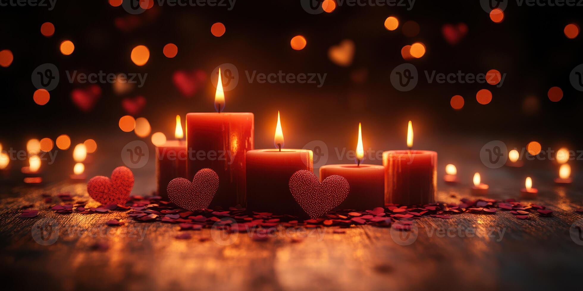 Romantic candle display with red hearts creating an intimate atmosphere for a special moment photo
