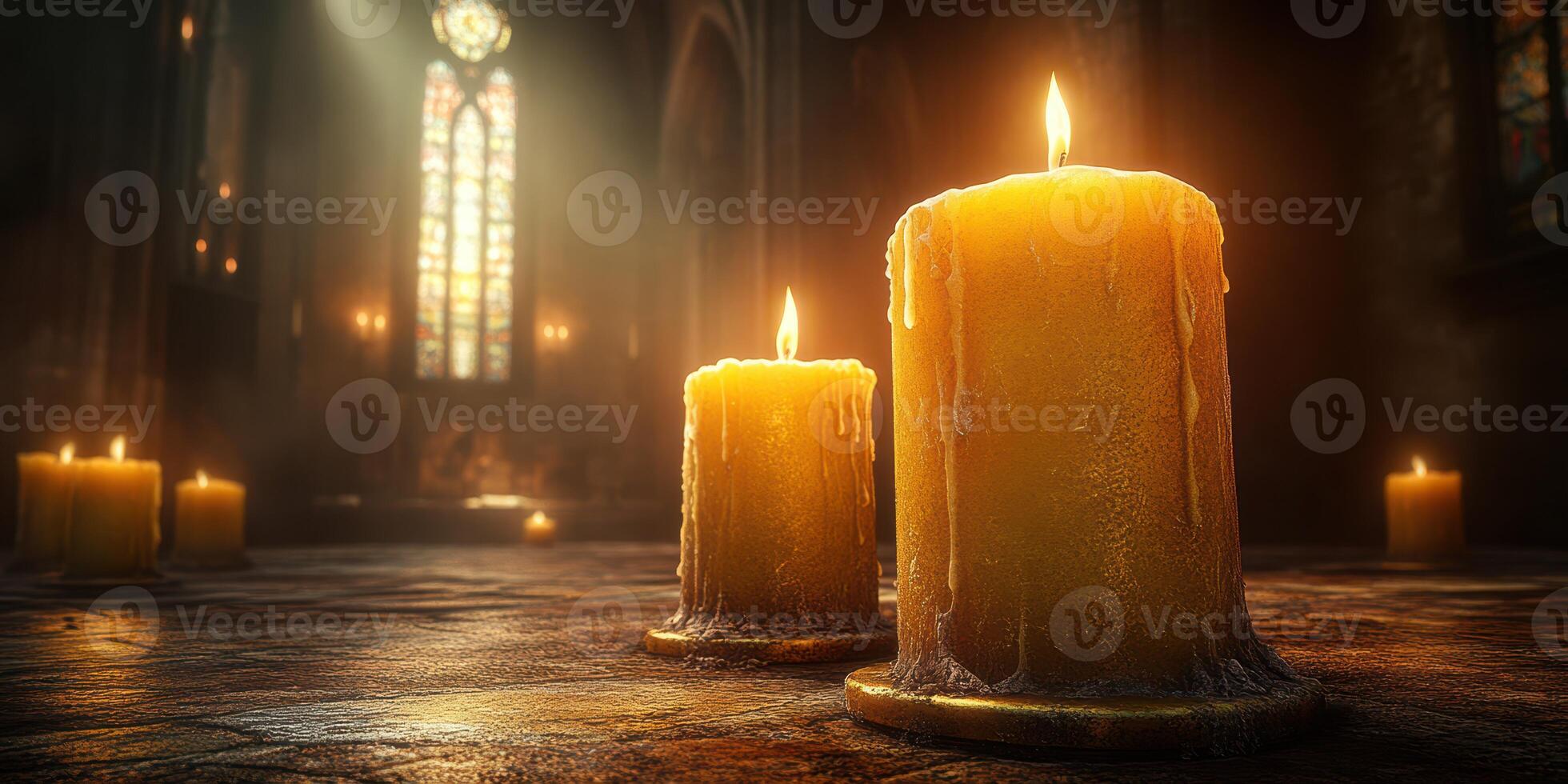 Flickering candles illuminate a dimly lit space with stained glass windows and an atmosphere of serenity and reflection photo