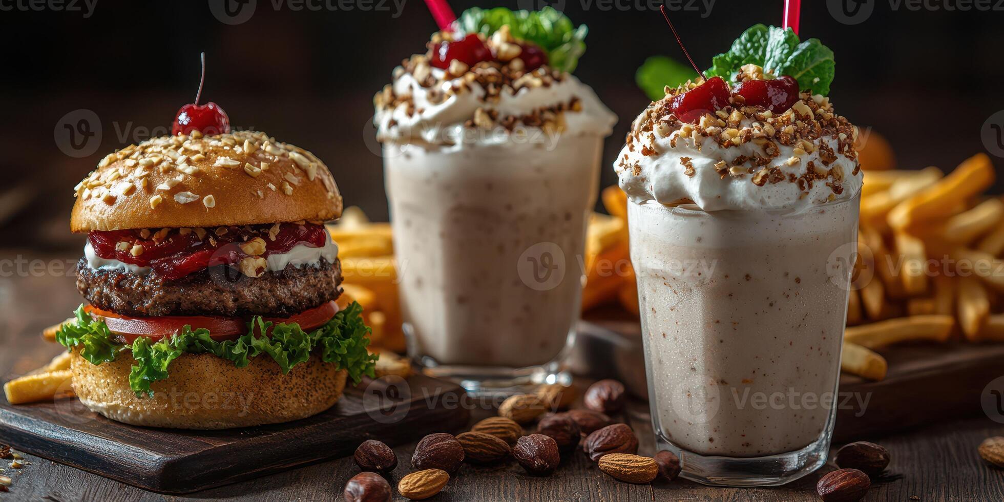 Delicious burger and milkshakes served with crispy fries at a cozy diner during the evening photo