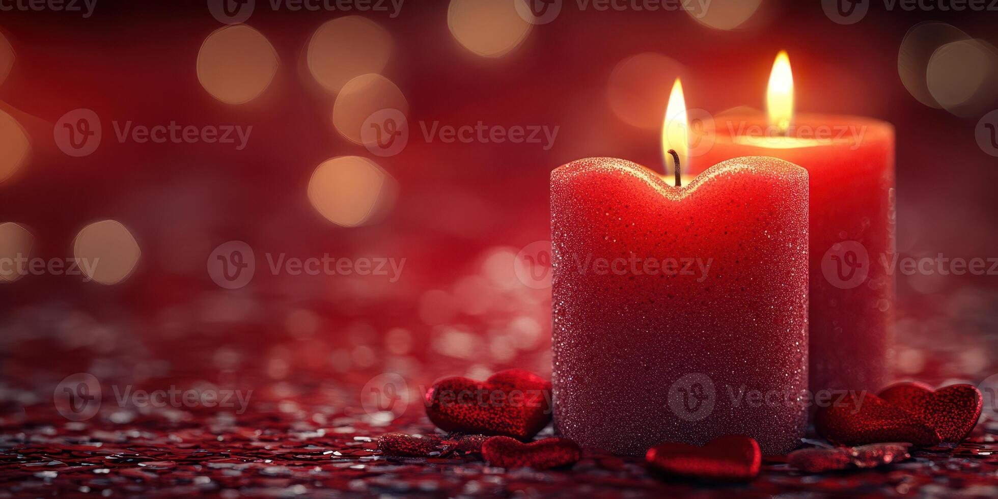 Romantic candles casting warm light on a festive red background with heart decorations for a special occasion photo