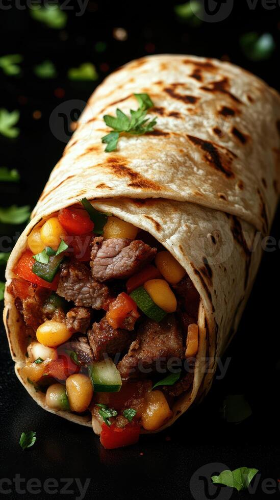 Delicious beef burrito wrapped in a warm tortilla with fresh vegetables and beans ready to enjoy photo