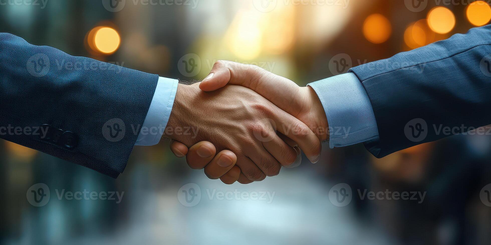 Business professionals engage in a handshake to signify agreement in a modern urban setting during late afternoon photo