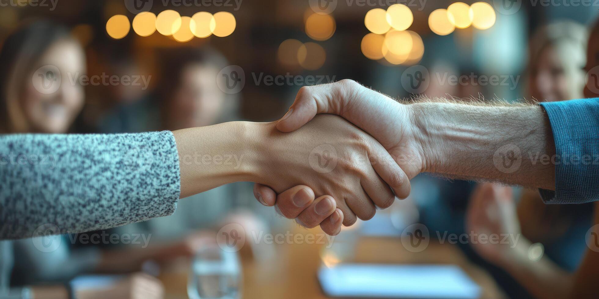 Business partners shake hands in a modern office space while colleagues celebrate a successful collaboration photo