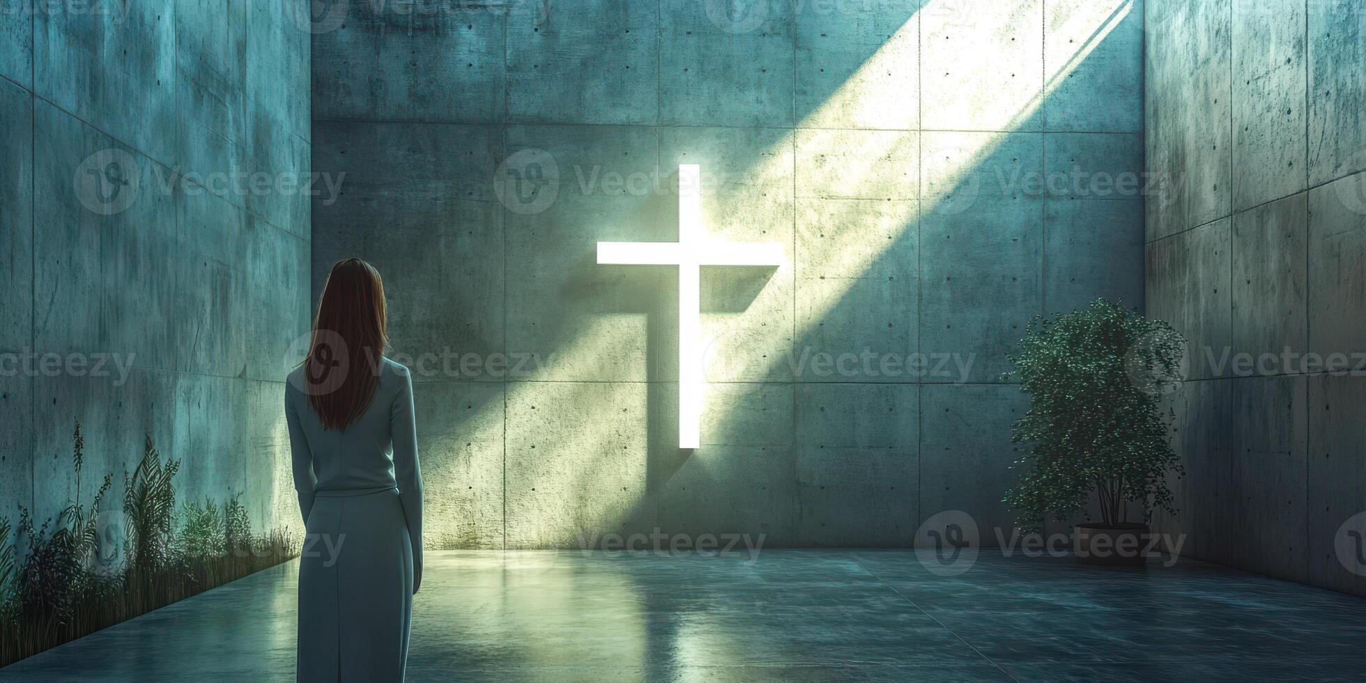Individual contemplates spirituality in a serene, modern chapel illuminated by a cross at dawn photo