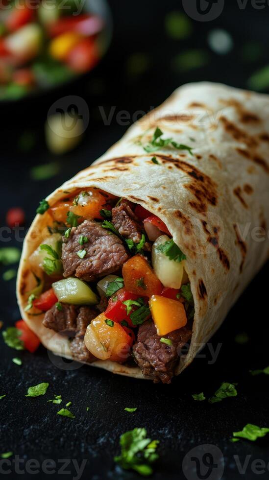 Delicious beef burrito filled with colorful vegetables wrapped in soft tortilla served on a dark backdrop photo