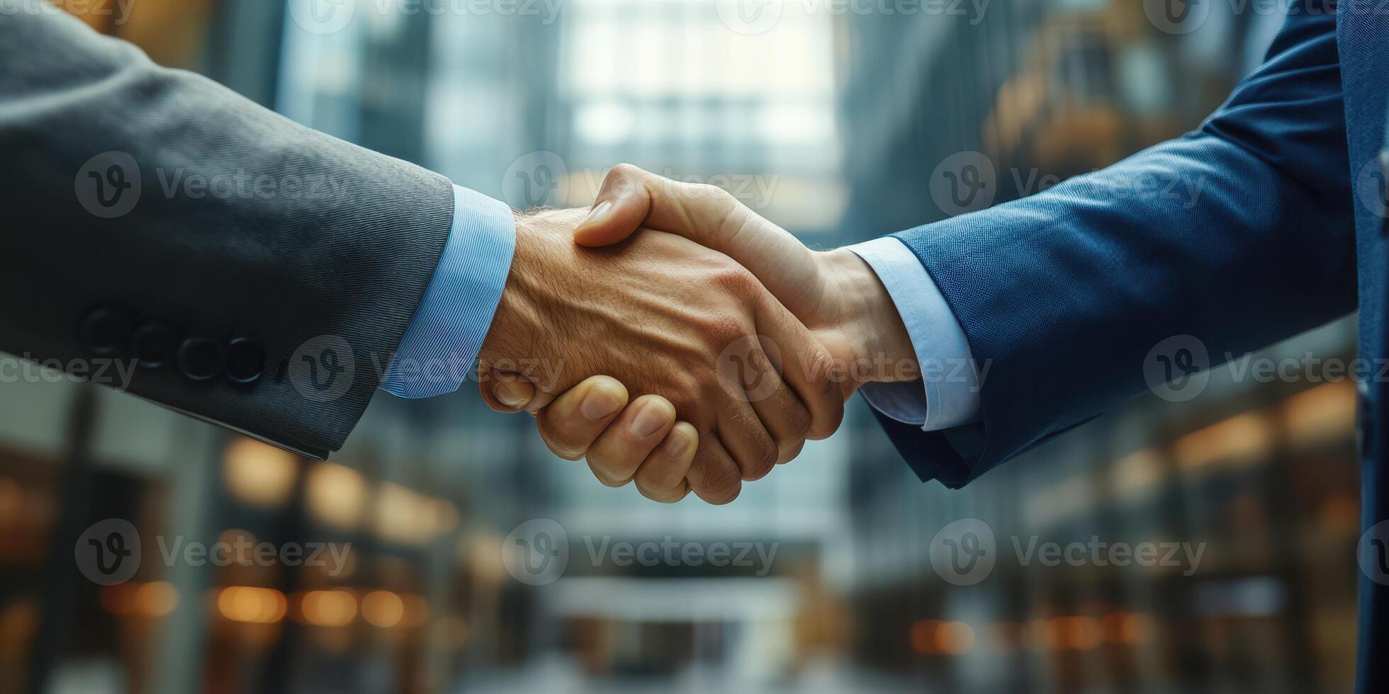 Business professionals engage in handshake in modern office building during daytime meeting in corporate environment photo