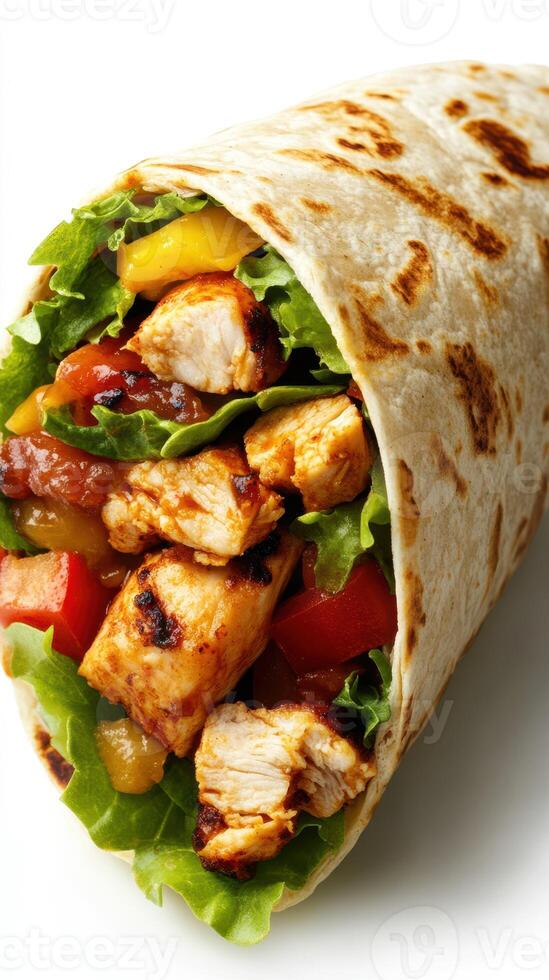 Delicious grilled chicken wrap filled with fresh vegetables and flavorful sauce ready to enjoy at lunchtime photo