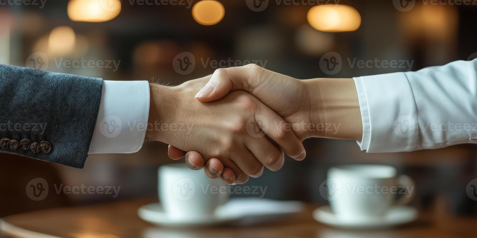 Business professionals engaging in a handshake during a coffee meeting in a modern cafe setting photo