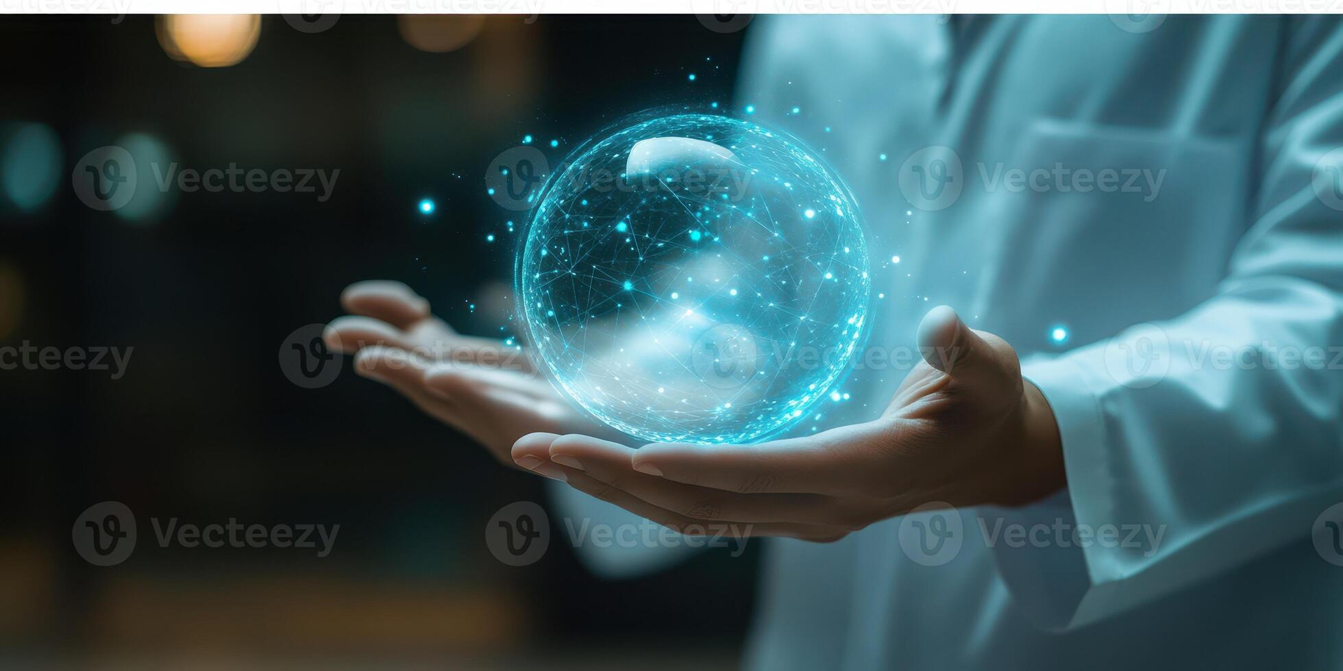Scientist holds glowing sphere representing advanced technology and innovation in a modern lab environment photo