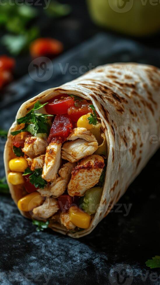 Freshly wrapped chicken burrito with colorful vegetables and herbs prepared for a flavorful meal photo
