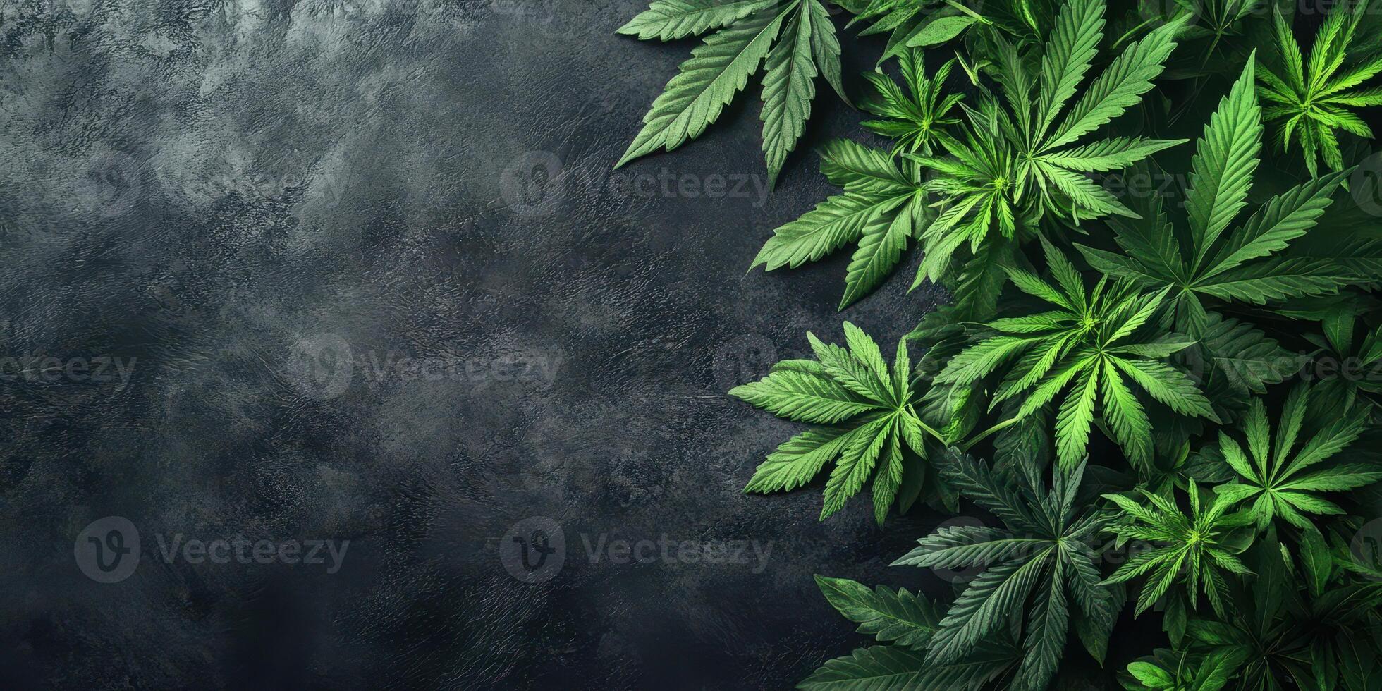 Green cannabis leaves arranged against a dark textured background for a natural and calming effect photo